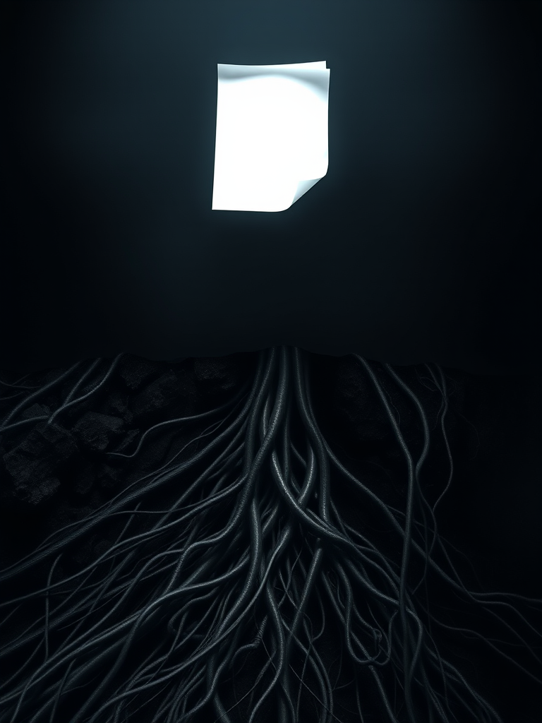 A fragile text file floating above enormous tangled roots