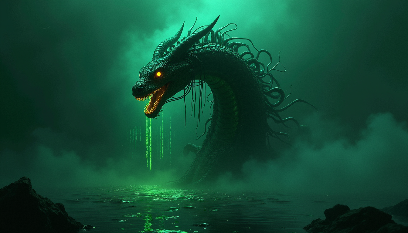 A mythological hydra rising from a swamp of glowing terminal text